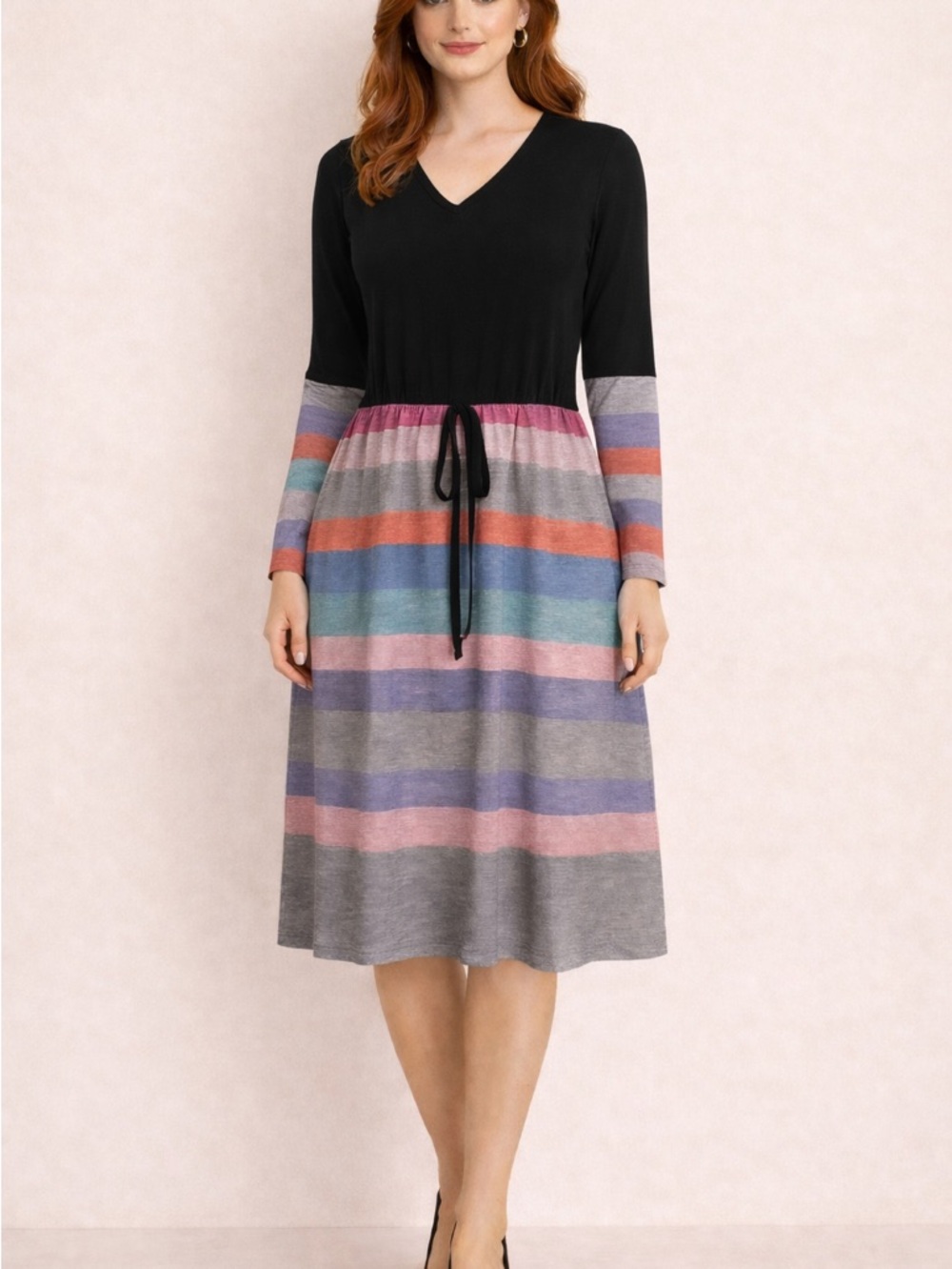 Women's Black & Multicolor Striped Tie-Waist Dress